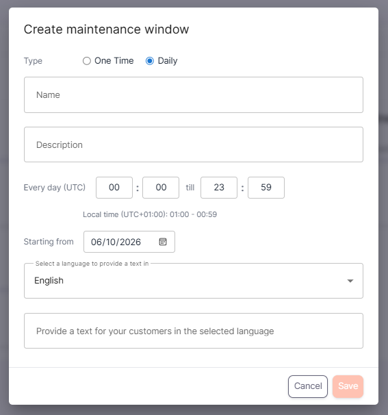Create maintenance window dialog with Daily selected.
