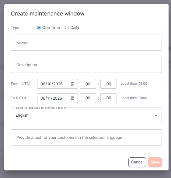 Create maintenance window dialog with One Time selected.