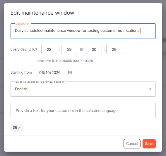Edit maintenance window dialog.