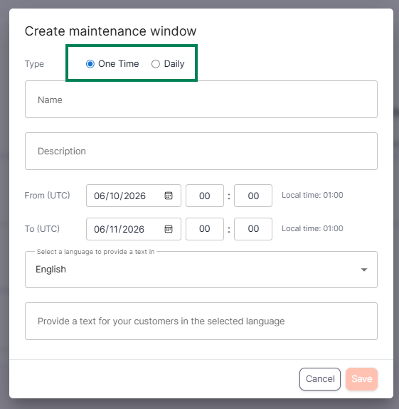 Create maintenance window dialog with type selection highlighted..