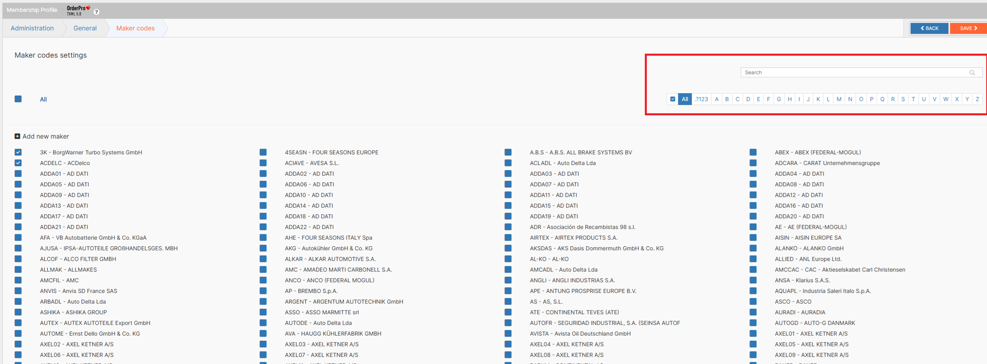 Available maker codes and seach\filter options