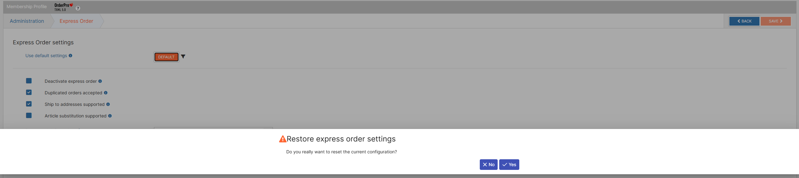 Reset Express order settings section to default