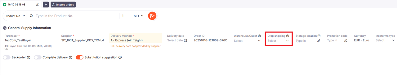 Drop shipping option supported by supplier