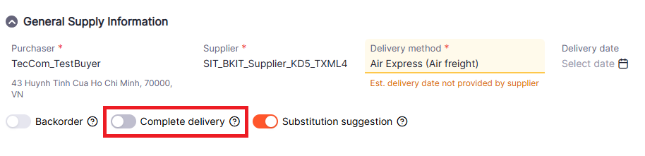 Complete delivery option supported by supplier