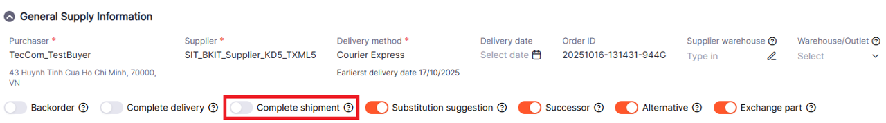 Complete shipment option supported by supplier
