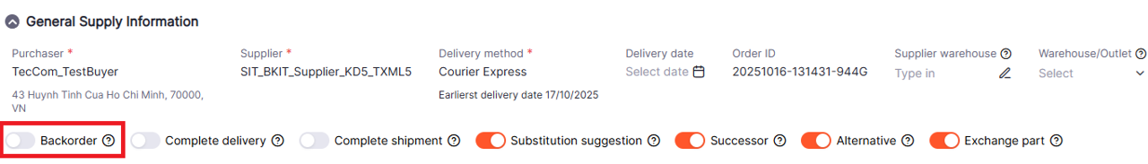 Backorder (With or without) option supported by supplier