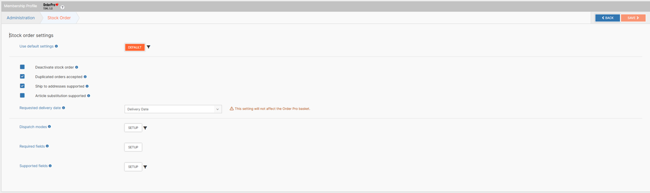 Stock order settings section