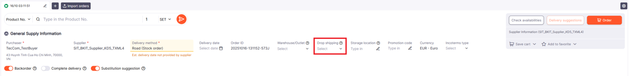 Drop shipping option supported by supplier