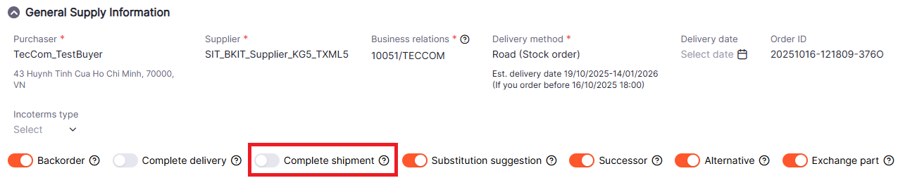 Complete shipment option supported by supplier
