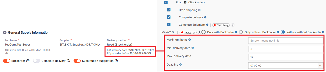 Min\Max delivery date and deadline information provided by Supplier