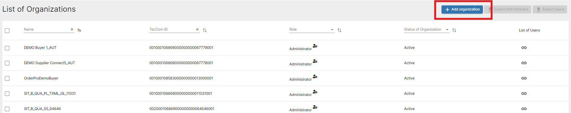 Add organization button