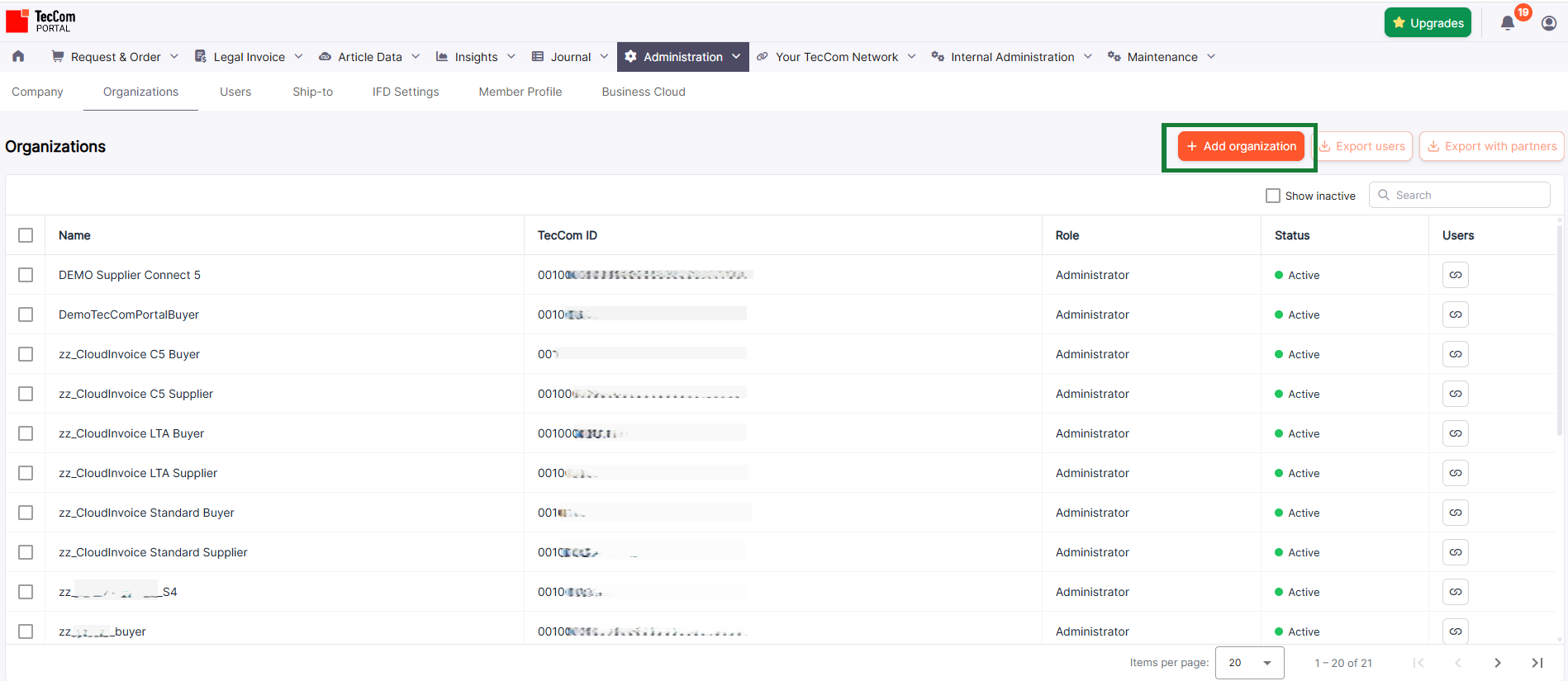 Organizations page with Add organization button.