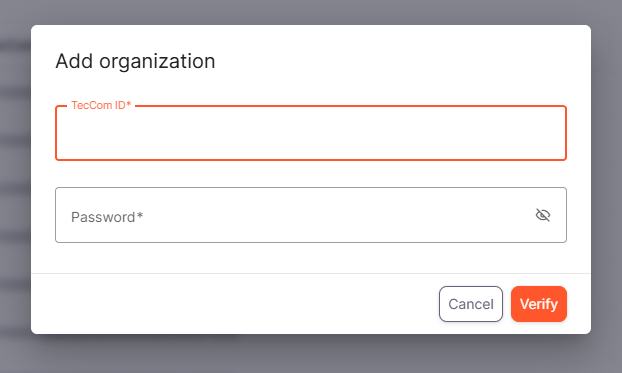 Dialog for entering TecCom ID and password.