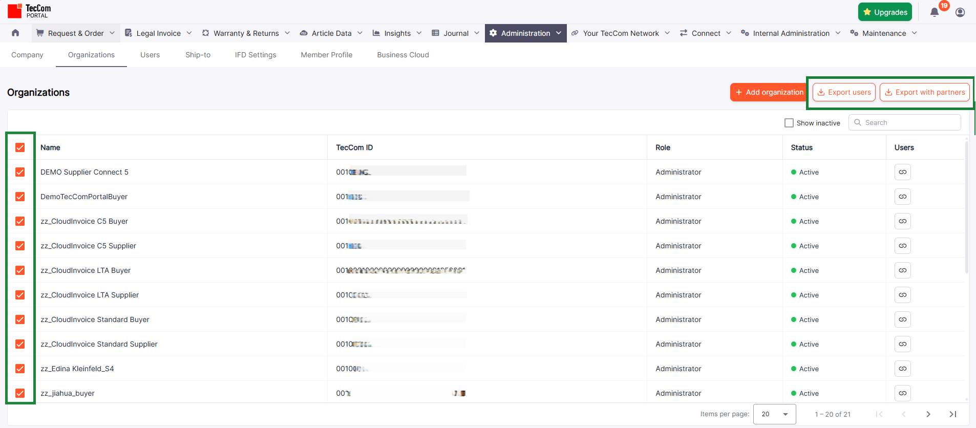 Organizations selected for export on the Organizations page.