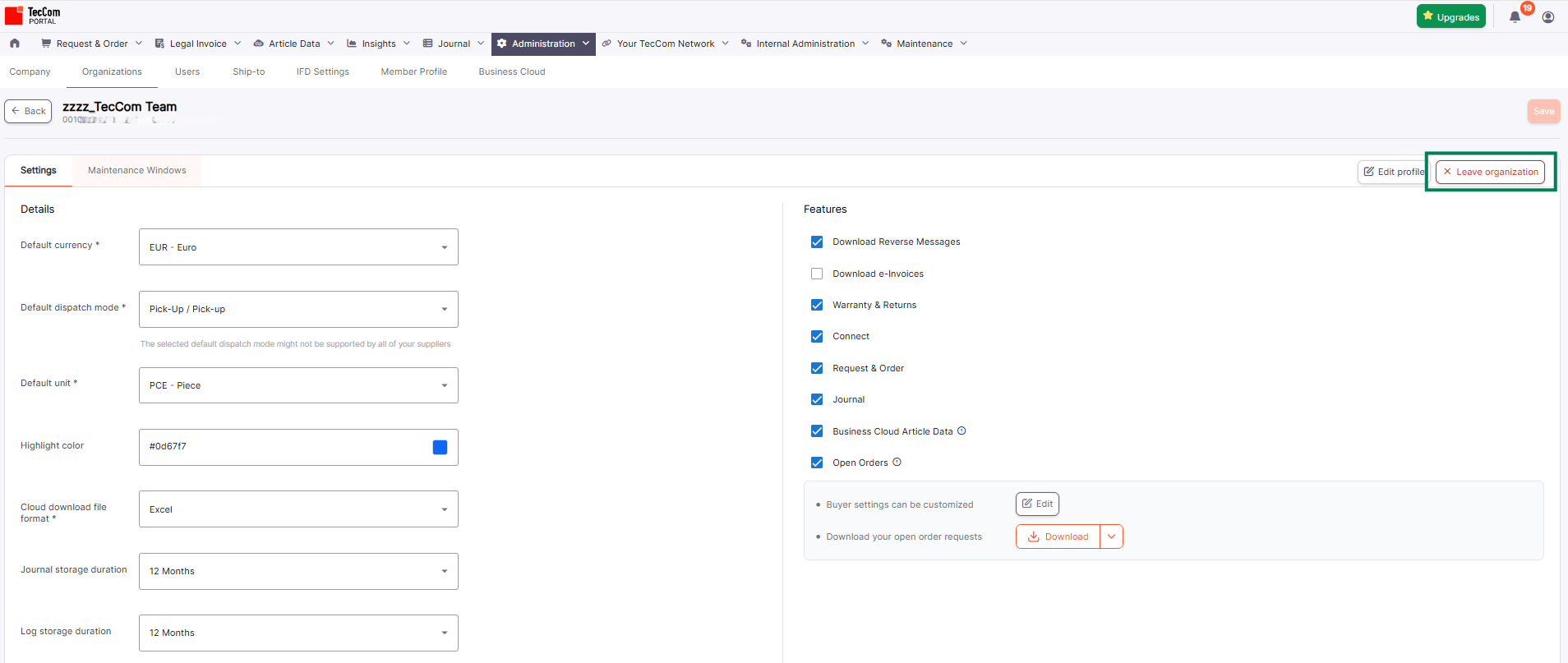 Organization details page with Leave organization button.