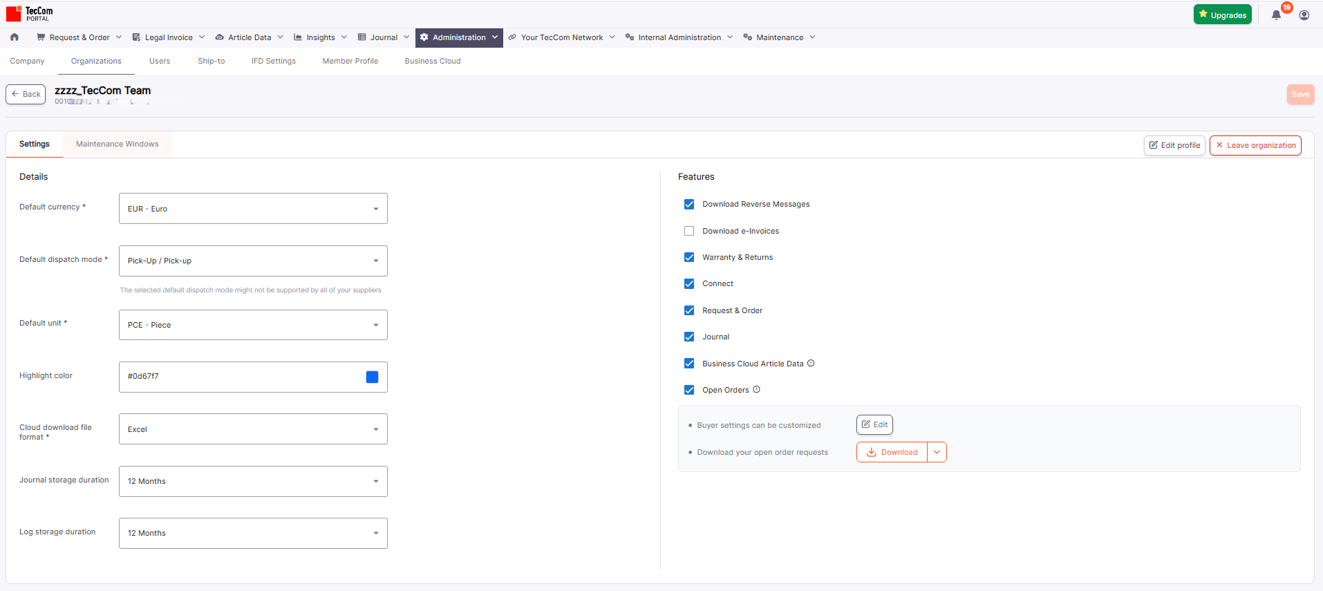 Organization settings page with details, features, and available actions.