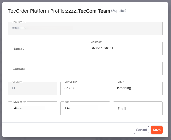 TecOrder Platform Profile dialog with organization contact and address details.