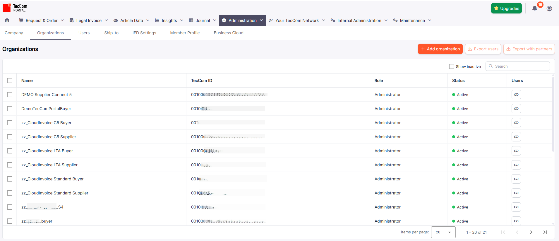 Organizations list with add, export, search, and inactive filter options.