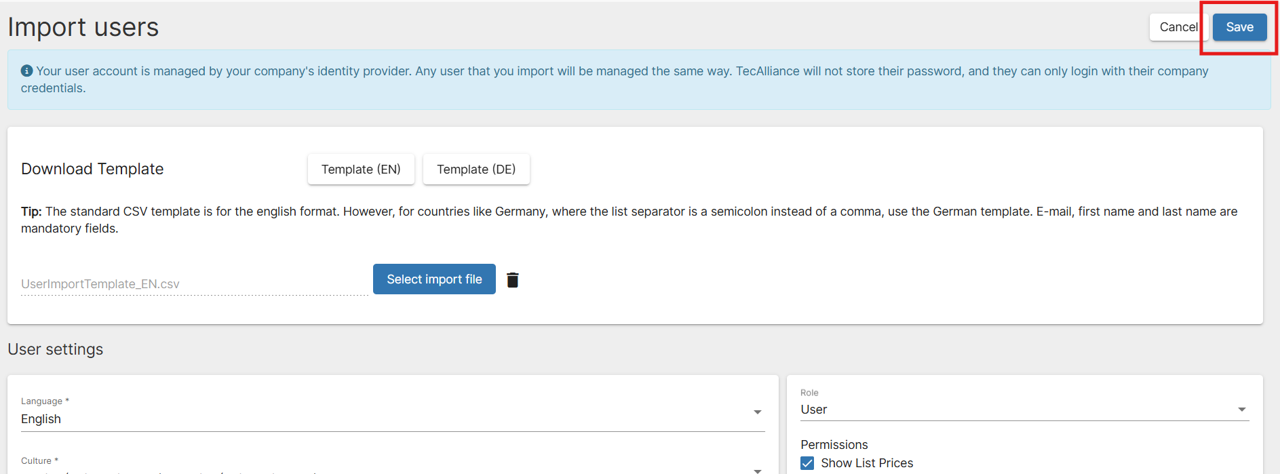 User import template save