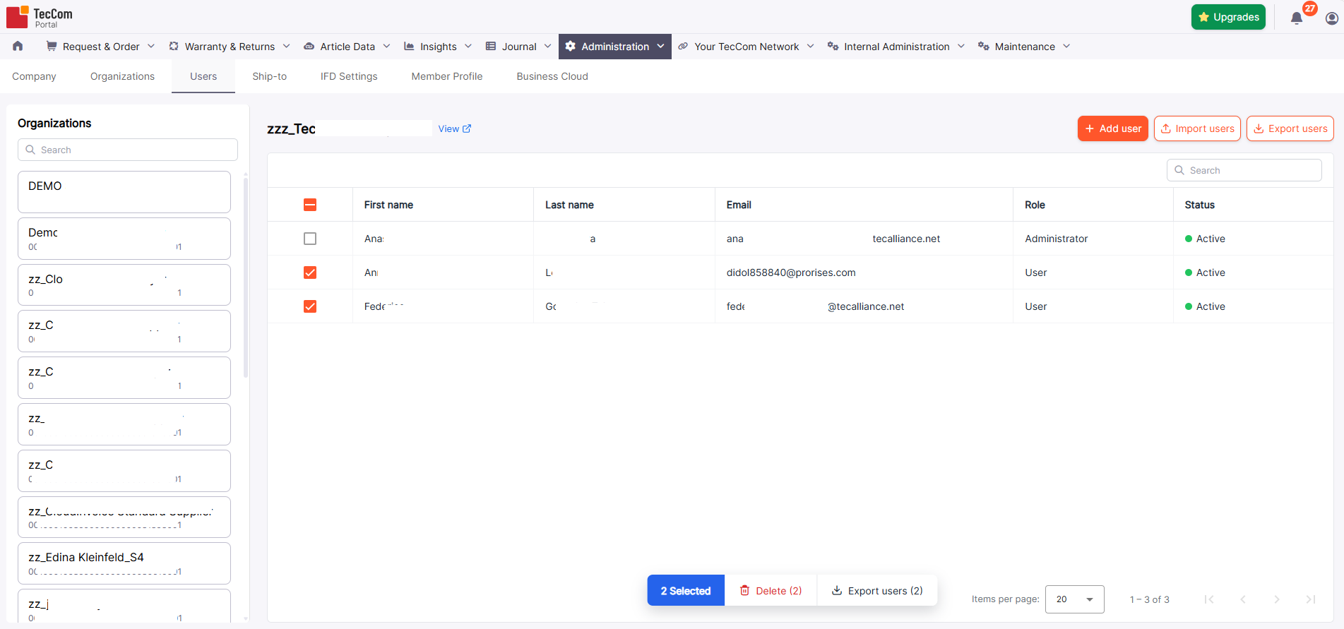 Export users action for selected users in the current organization