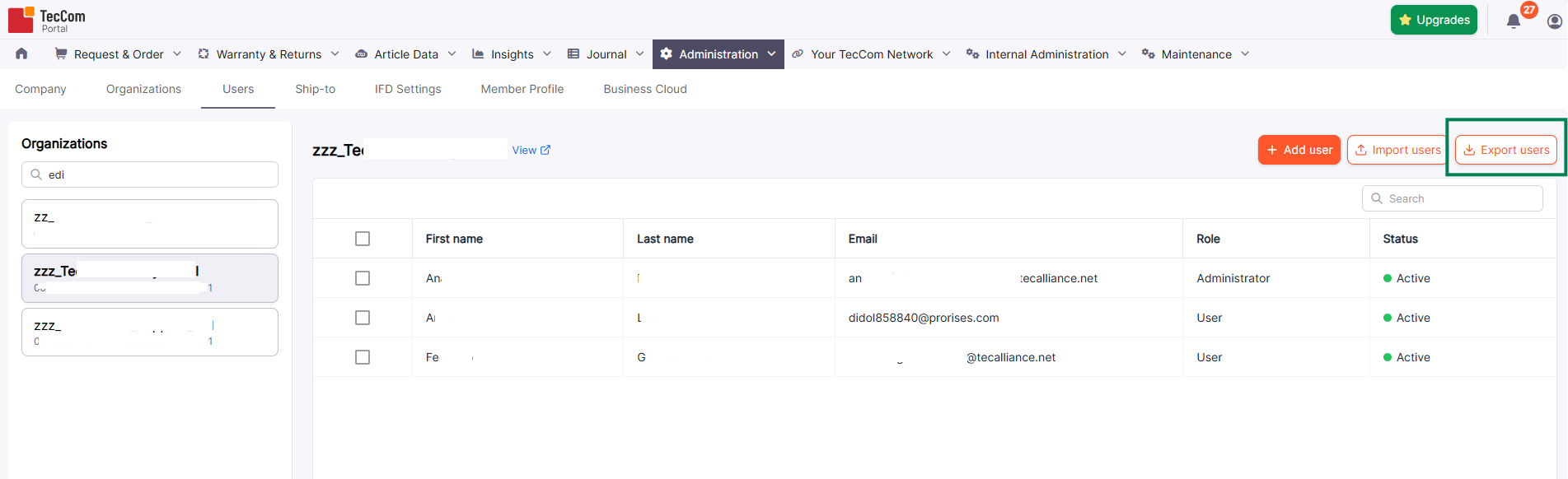 Export users button on the Users page