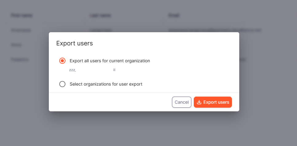 Export users dialog with current organization and organization selection options