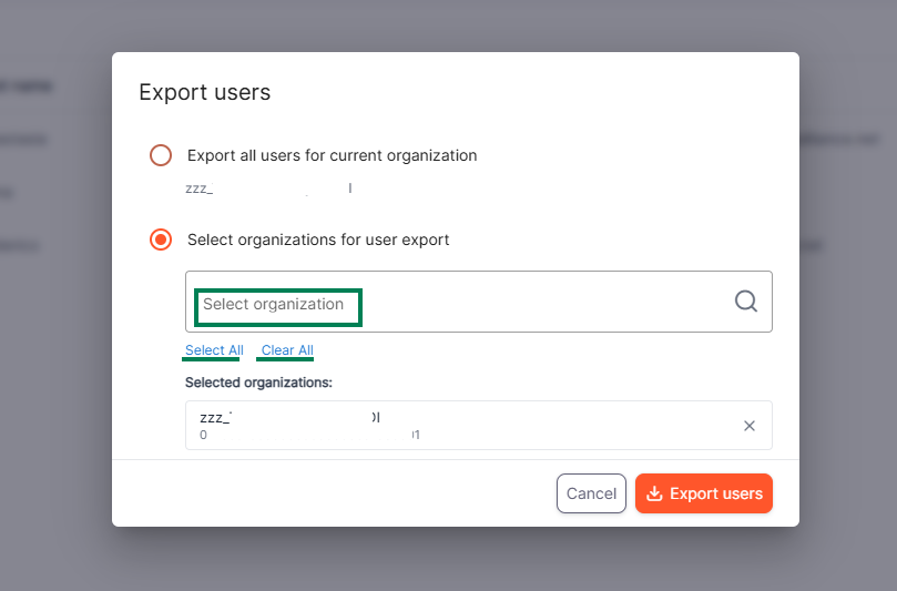 Organization selection for user export