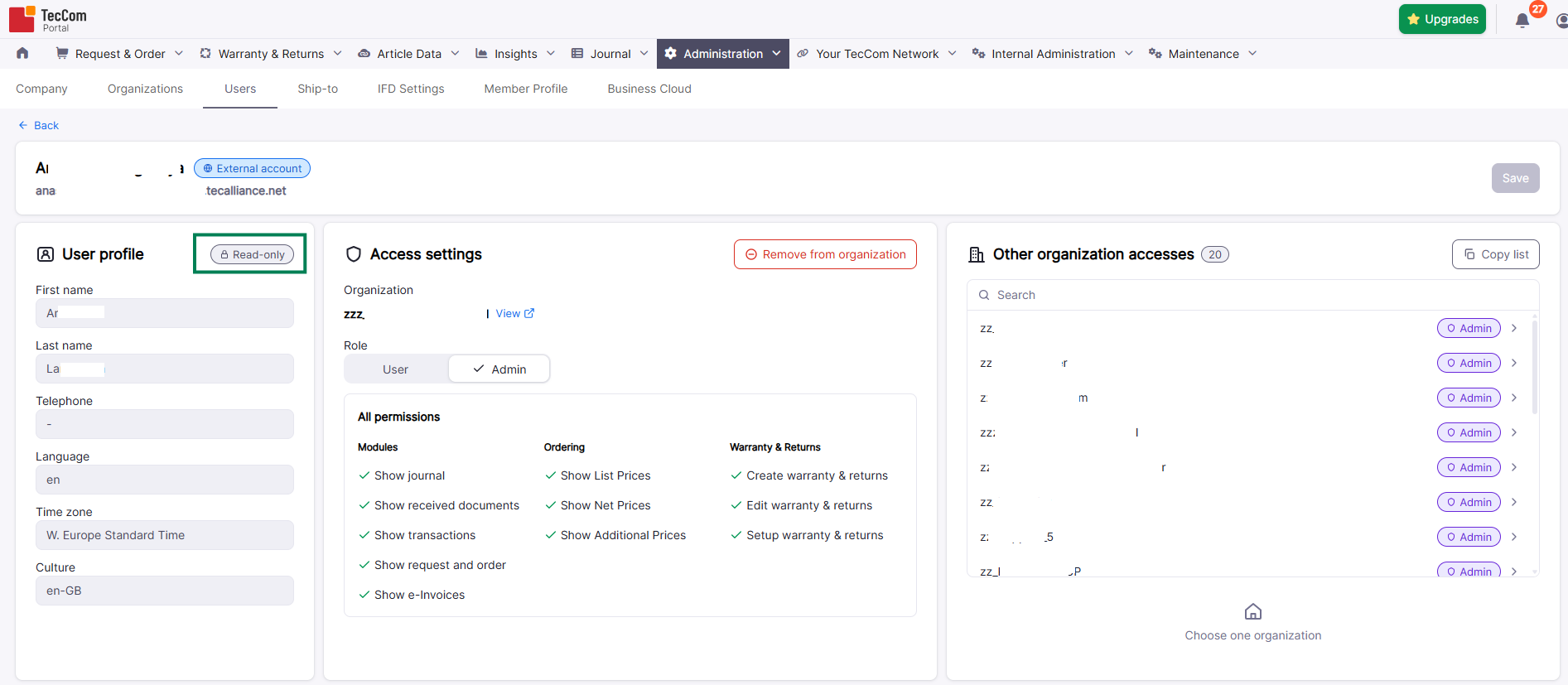 External account with read-only user profile and editable access settings