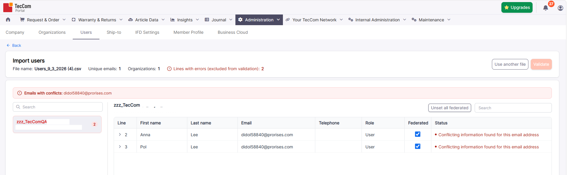 Import preview showing conflicting information for the same email address