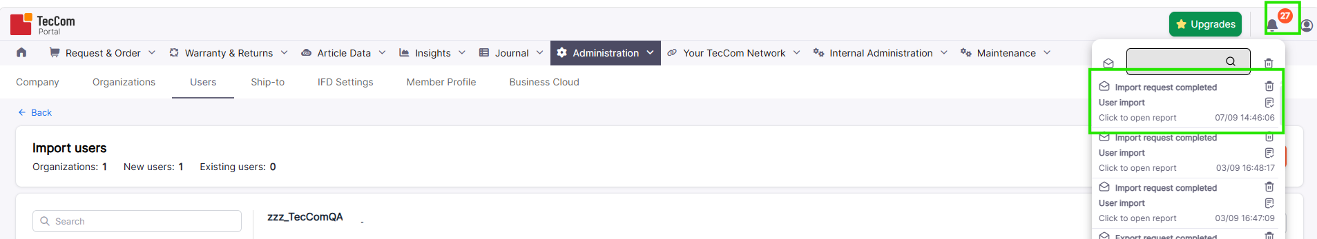 Notification indicating that the user import has completed