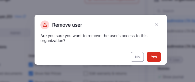 Confirmation dialog for removing a user's access to an organization