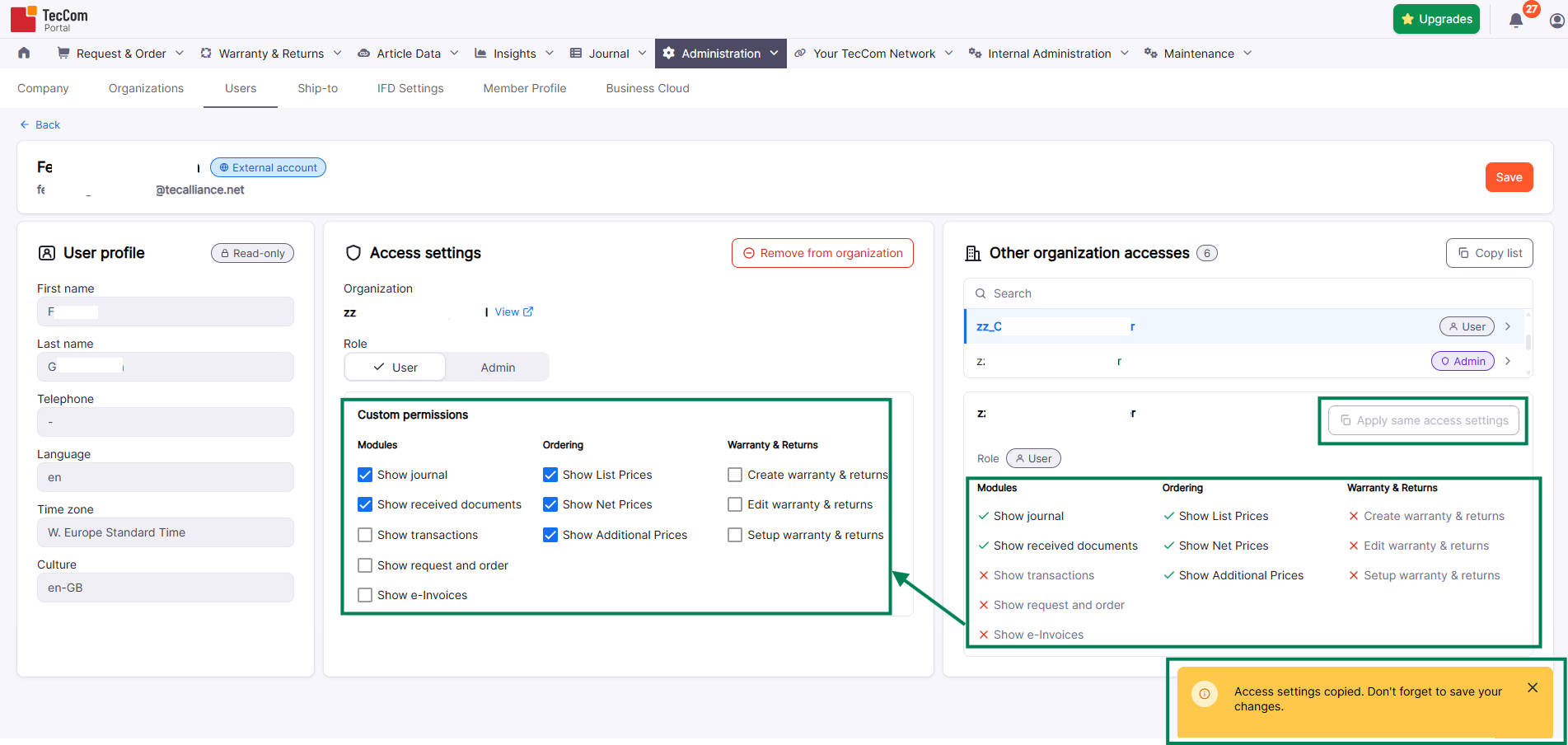 Notification displayed after copying access settings from another organization