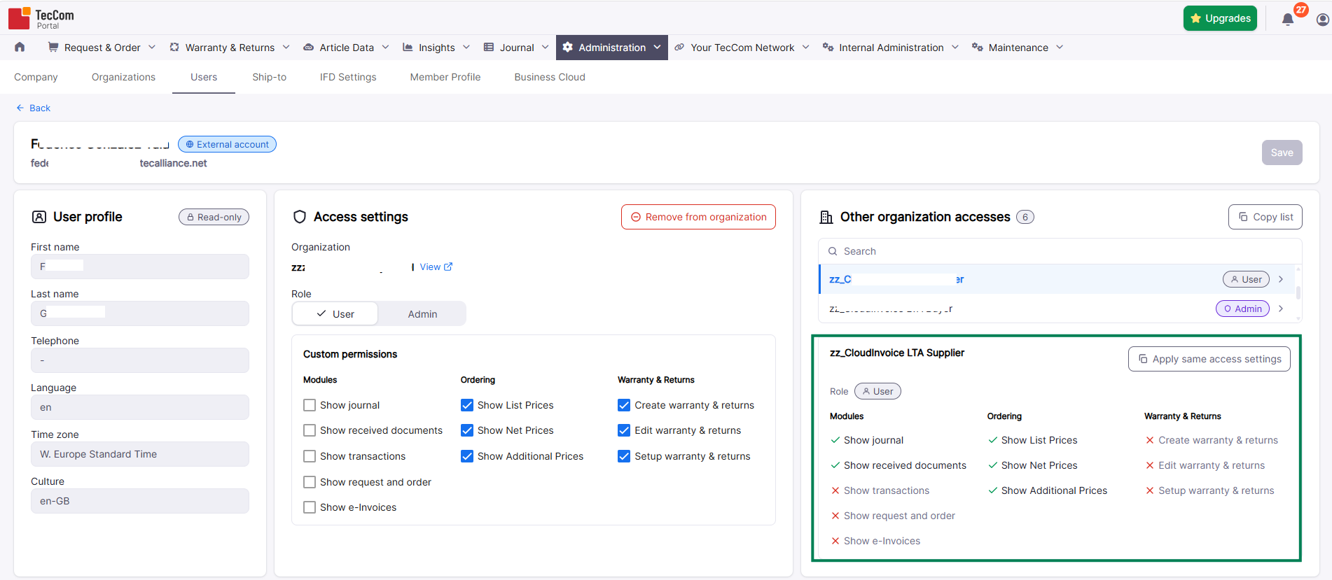 User access profile showing access to another organization and its permission details
