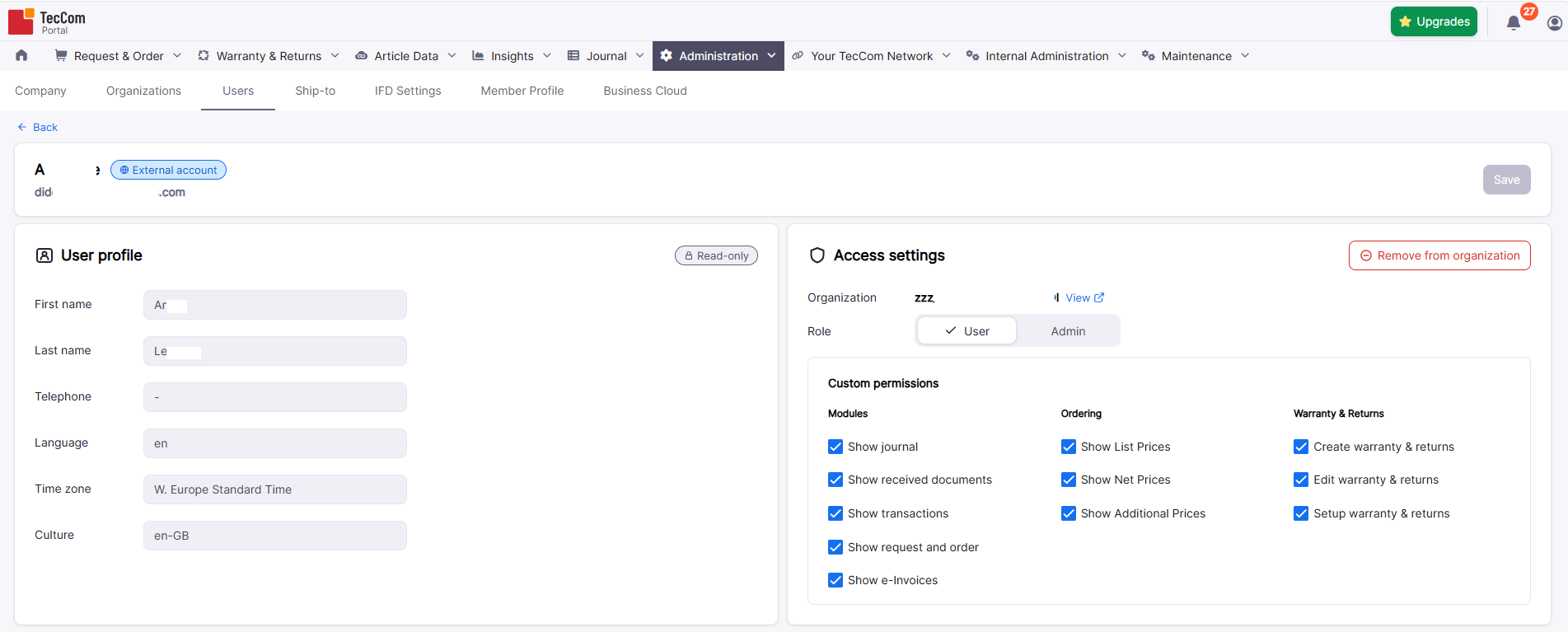 User access profile with editable user profile and access settings